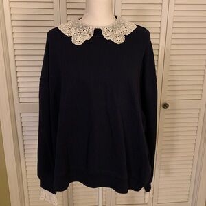 J. Crew Dark Navy Knit Top with White Lace Collar & Wrists Size XXL
